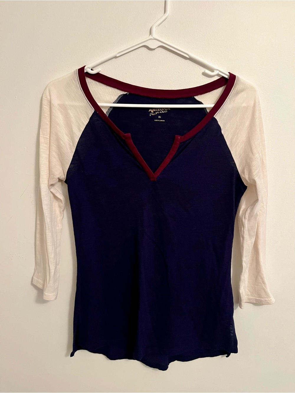 Arizona Jean Company Navy, White and Burgundy Raglan Henley